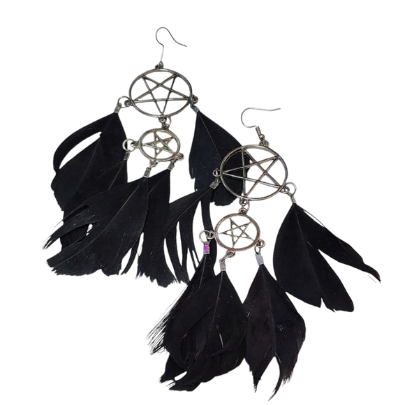 Feather Pentagram Dangle Earrings - Picture 3 of 3